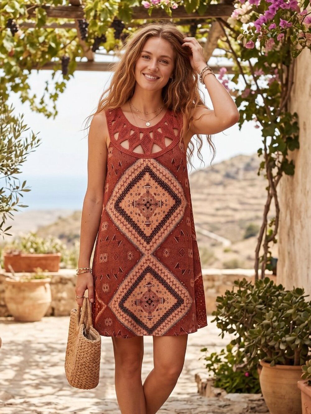 Xhilaration M Shift Mini Dress Burgundy Tribal‎ Cut Out Folk Boho Indie Cottage